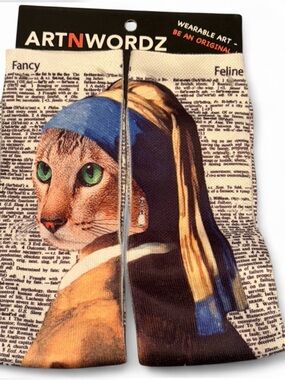 NWT ArtNWordz Cat Socks with newsprint style writing